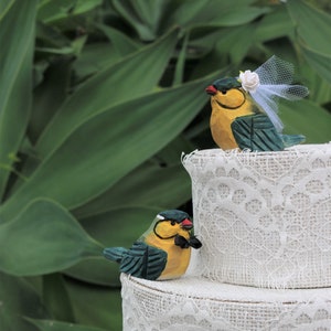 Tanager Bird Cake Topper in Mustard Yellow and Forest Green Carved Wood Bride & Groom Love Bird Cake Topper