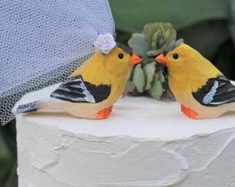 Goldfinch Wedding Cake Topper: Carved Wood Bird Figurine with Custom Monogram