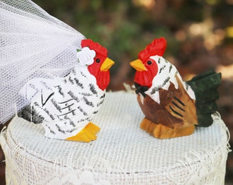 Chicken and Rooster Cake Topper for Farm Wedding : Carved Wood Figurine
