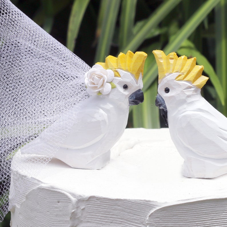 Cockatoo Wedding Cake Topper Handcarved, customized, and personalized cake topper for a tropical wedding image 3
