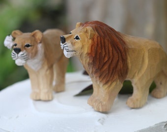 Lion Cake Topper Bride and Groom for Zoo or Animal Lover Wedding in Carved Wood