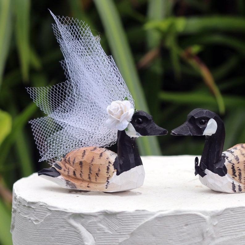 New Canada Goose Wedding Cake Topper: Handcarved Wooden Bride and Groom Love Bird Cake Topper Customization, Personalization image 2
