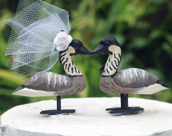 Tropical Hawaiian Nene Goose Wedding Cake Topper: Handcarved Wooden Bride and Groom Love Bird - Custom