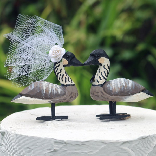 Tropical Hawaiian Nene Goose Wedding Cake Topper: Handcarved Wooden Bride and Groom Love Bird Cake Topper - Customization, Personalization