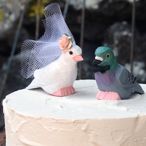 Dove and Pigeon Wedding Cake Topper:  Handcarved Wooden Bride and Groom Love Bird Cake Topper