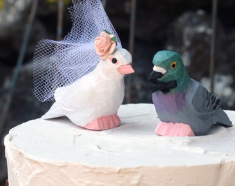 Dove and Pigeon Wedding Cake Topper:  Handcarved Wooden Bride and Groom Love Bird Cake Topper