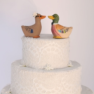 Duck Wedding Cake Topper: Handcarved, hand painted Wooden Bride and Groom Mallard Cake Topper image 3