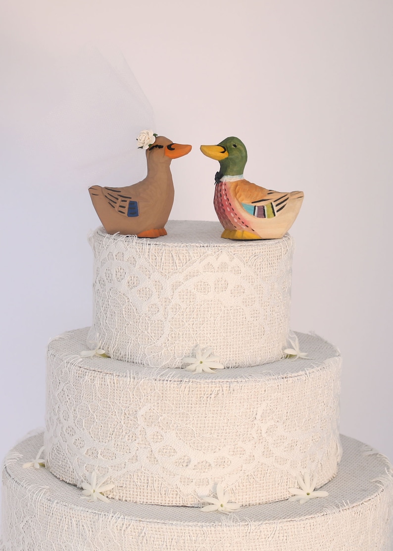 Duck Wedding Cake Topper: Handcarved, hand painted Wooden Bride and Groom Mallard Cake Topper image 3