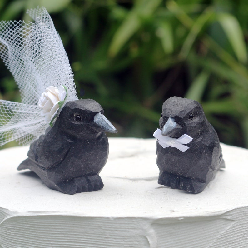 Black Crow Wedding Cake Topper: Handcarved Wooden Bride and Groom Love Bird Cake Topper image 2