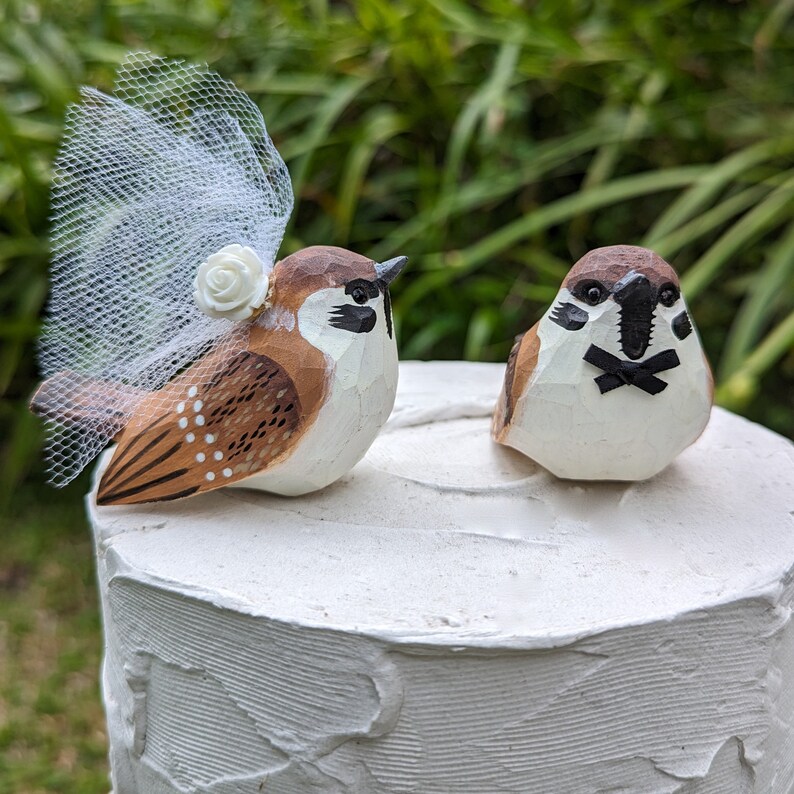 New Sparrow Wedding Cake Topper: Handcarved Wooden Bride and Groom Love Bird Cake Topper image 2