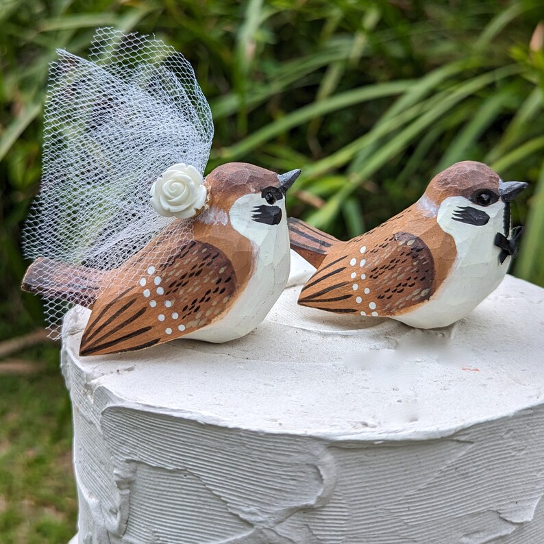 New Sparrow Wedding Cake Topper: Handcarved Wooden Bride and Groom Love Bird Cake Topper image 5