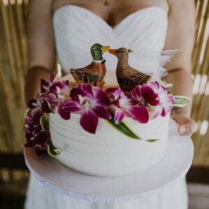 Duck Wedding Cake Topper: Handcarved, hand painted Wooden Bride and Groom Mallard Cake Topper image 1