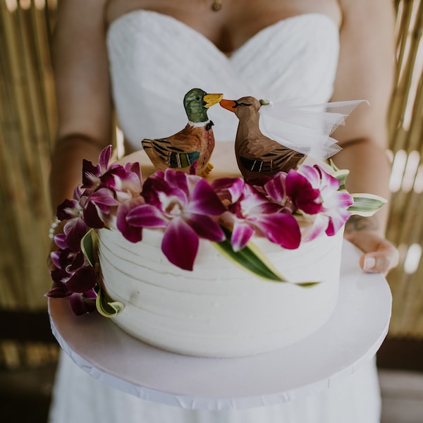 Duck Wedding Cake Topper:  Handcarved, hand painted Wooden Bride and Groom Mallard Cake Topper