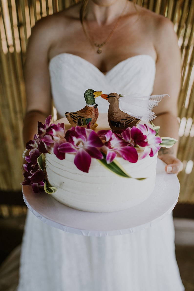 Duck Wedding Cake Topper: Handcarved, hand painted Wooden Bride and Groom Mallard Cake Topper image 1