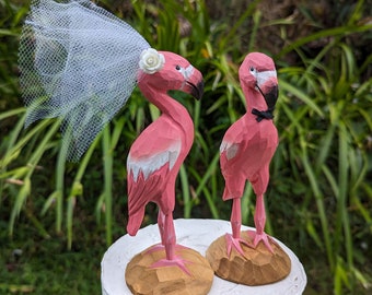 New! Pink Flamingo Wedding Cake Topper - Handcarved, customized, personalized. Cake topper for a tropical wedding!