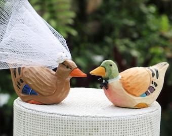 Mallard Wedding Cake Topper: Carved Wooden Duck Bride and Groom Wedding Cake Topper