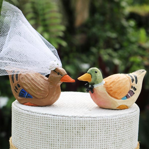 Mallard Wedding Cake Topper: Carved Wooden Duck Bride and Groom Wedding Cake Topper