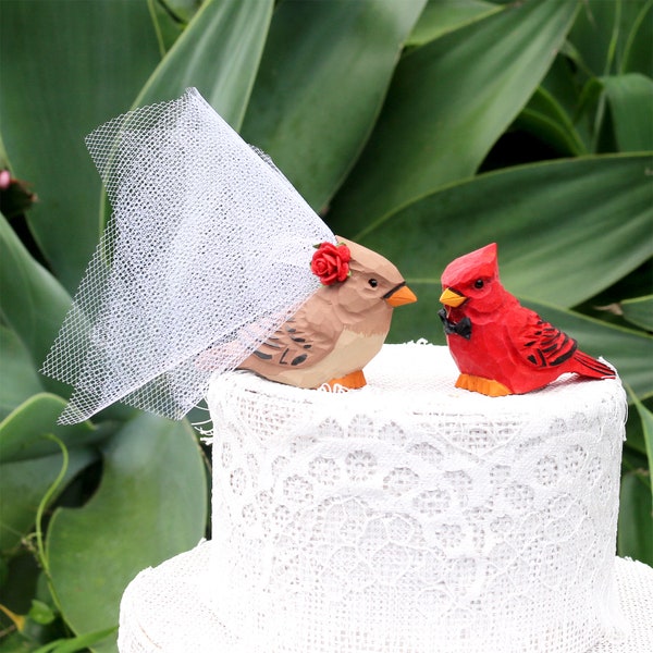 Cardinal Wedding Cake Topper:  Handcarved Wooden Bride and Groom Love Bird Cake Topper