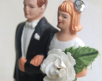 Vintage Wedding Cake Topper Chalkware Bride and Groom