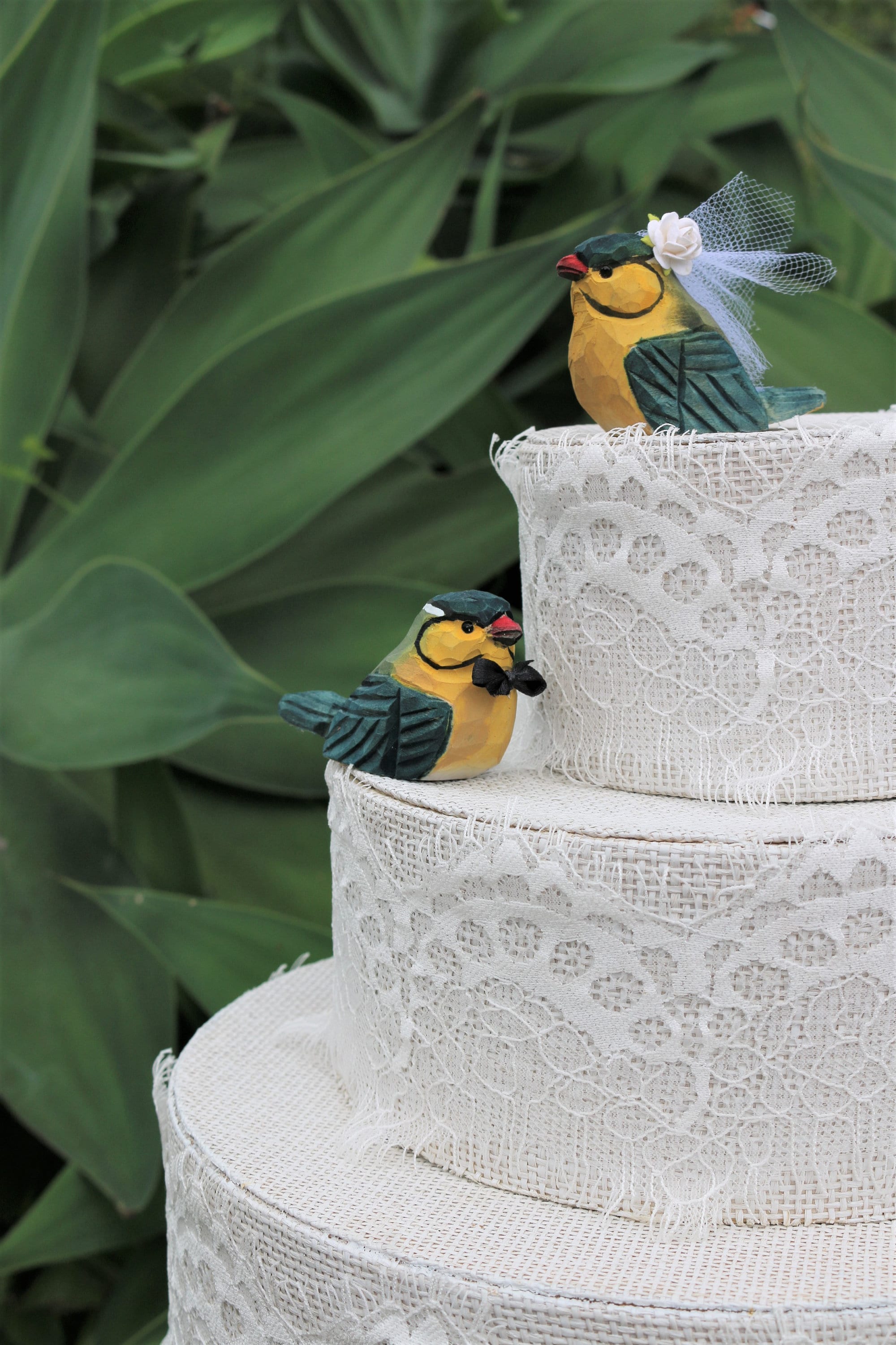 Tanager Bird Cake Topper in Mustard Yellow and Forest Green Carved Wood Bride & Groom Love Bird Cake Topper