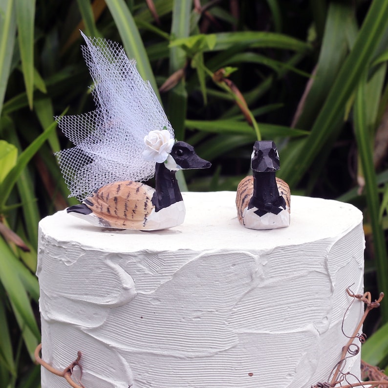 New Canada Goose Wedding Cake Topper: Handcarved Wooden Bride and Groom Love Bird Cake Topper Customization, Personalization image 3