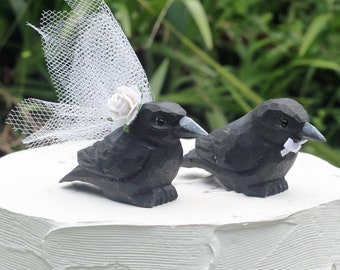 Black Crow Wedding Cake Topper:  Handcarved Wooden Bride and Groom Love Bird Cake Topper