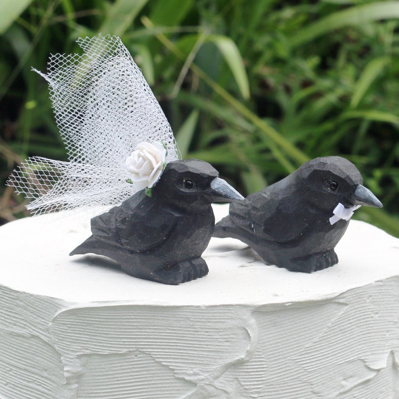 Black Crow Wedding Cake Topper: Handcarved Wooden Bride and Groom Love Bird Cake Topper image 1