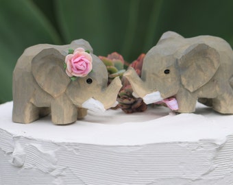 Elephant Cake Topper Bride and Groom for Zoo or Animal Lover Wedding in Carved Wood