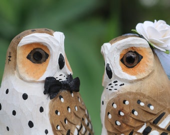 Brown Barn Owls Wedding Cake Topper in Custom Carved Wood for Rustic Wedding Anniversary