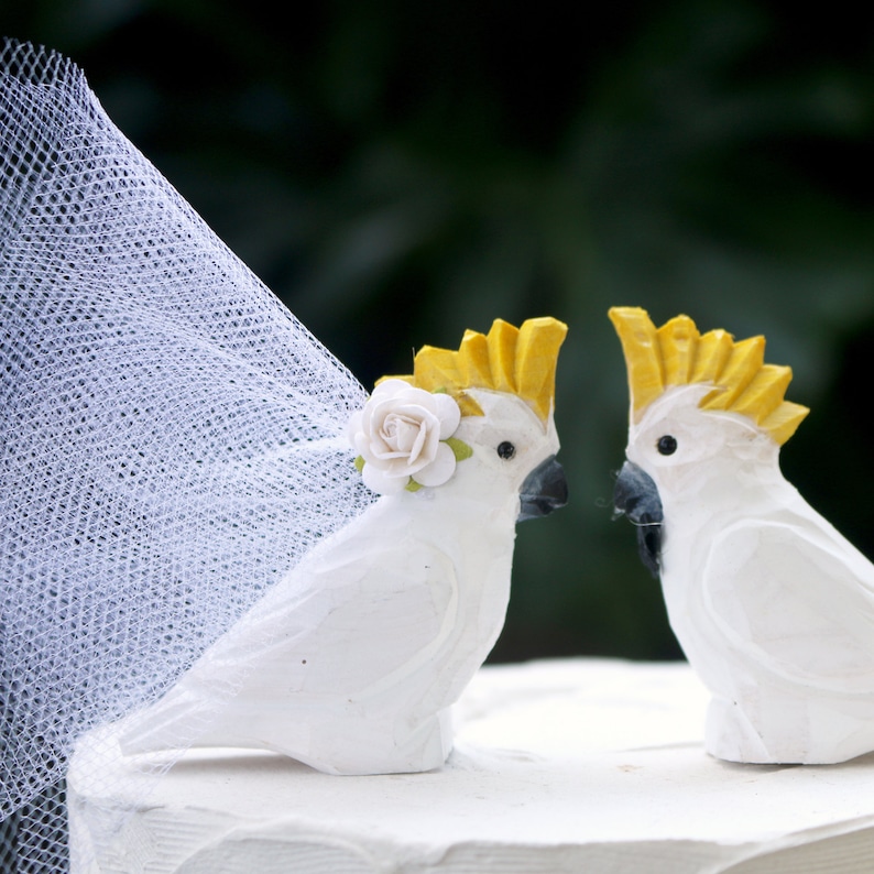 Cockatoo Wedding Cake Topper Handcarved, customized, and personalized cake topper for a tropical wedding image 1