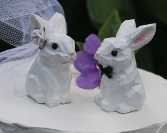 Bunny Rabbit Cake Topper Bride and Groom for Spring Easter Wedding in Carved Wood