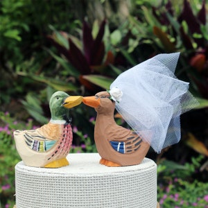 Duck Wedding Cake Topper: Handcarved, hand painted Wooden Bride and Groom Mallard Cake Topper image 4