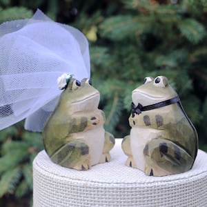 Frog Prince and Princess Wedding Cake Topper: Handcarved, Handpainted Wooden Bride & Groom Cake Topper