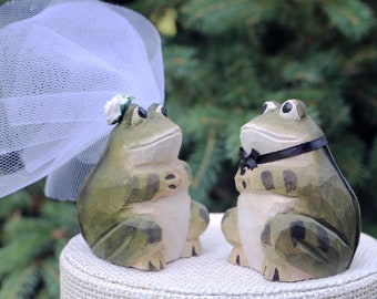 Frog Prince and Princess Wedding Cake Topper: Handcarved, Handpainted Wooden Bride & Groom Cake Topper