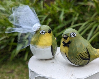 New! Warbling White Eye Wedding Cake Topper - Handcarved, customized, and personalized bird cake topper - Japanese White Eye