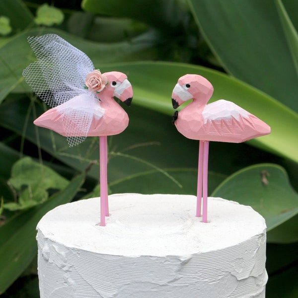 Flamingo Wedding Cake Topper - Handcarved, customized, and personalized cake topper for a tropical wedding