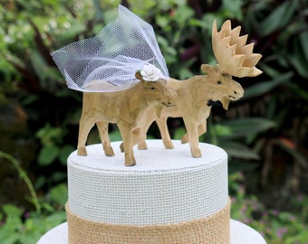 Handcarved Moose Wedding Cake Topper: Wooden Bride and Groom Cake Topper