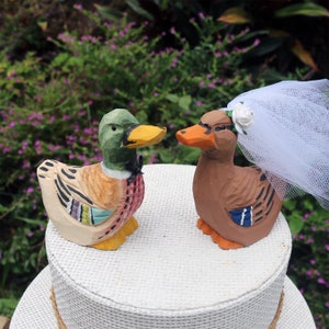 Duck Wedding Cake Topper: Handcarved, hand painted Wooden Bride and Groom Mallard Cake Topper image 2