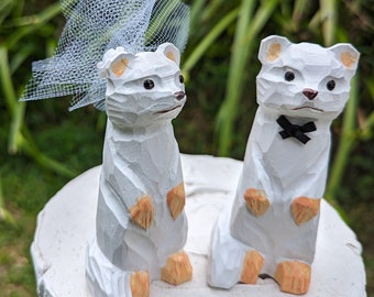 New! White Ferret Wedding Cake Topper:  Handcarved Wooden Bride and Groom Cake Topper - One of a kind! Ermine, Stoat, Weasel.