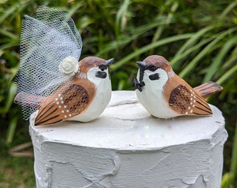 New! Sparrow Wedding Cake Topper:  Handcarved Wooden Bride and Groom Love Bird Cake Topper