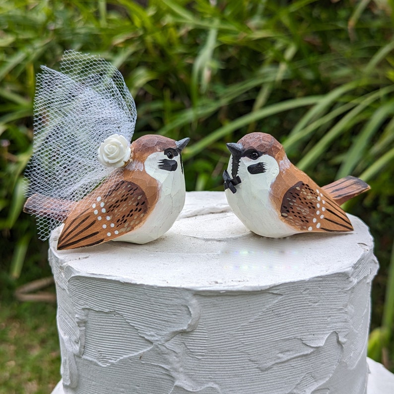 New Sparrow Wedding Cake Topper: Handcarved Wooden Bride and Groom Love Bird Cake Topper image 1
