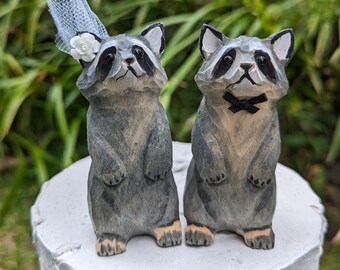 New! Racoon Wedding Cake Topper:  Handcarved Wooden Bride and Groom Cake Topper - One of a kind