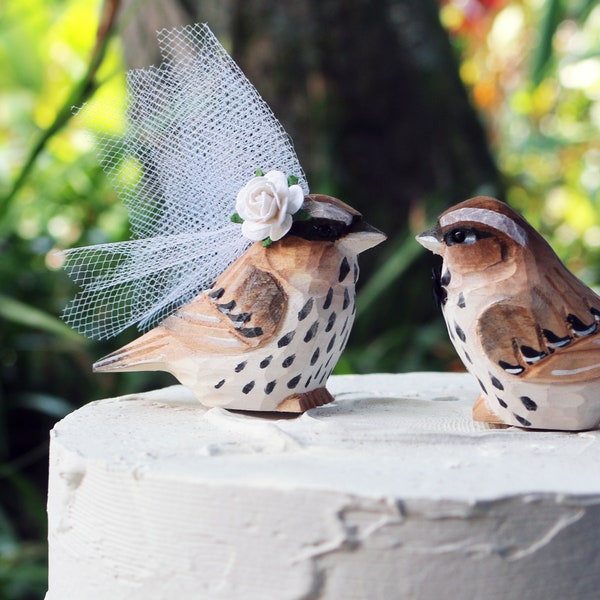 Sparrow Wedding Cake Topper:  Handcarved Wooden Bride and Groom Love Bird Cake Topper