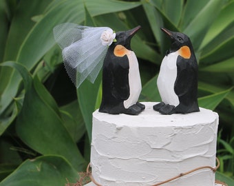 Wood Penguin Wedding Cake Topper Bride and Groom