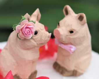 Pig Cake Topper for Down Home Farm Barn Country Wedding Custom Carved Wood Figurine Bride and Groom