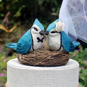 Blue Jay Wedding Cake Topper: Handcarved, Handpainted Wooden Bride & Groom Love Bird Cake Topper