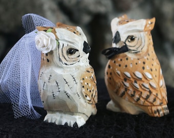 Owl Wedding Cake Topper: Handcarved Wooden Great Horned Owl Bride & Groom Love Bird Cake Topper