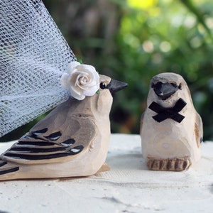 Mockingbird Wedding Cake Topper:  Handcarved Wooden Bride and Groom Love Bird Cake Topper
