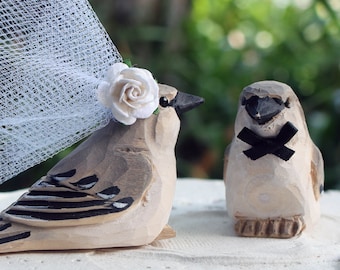 Mockingbird Wedding Cake Topper:  Handcarved Wooden Bride and Groom Love Bird Cake Topper