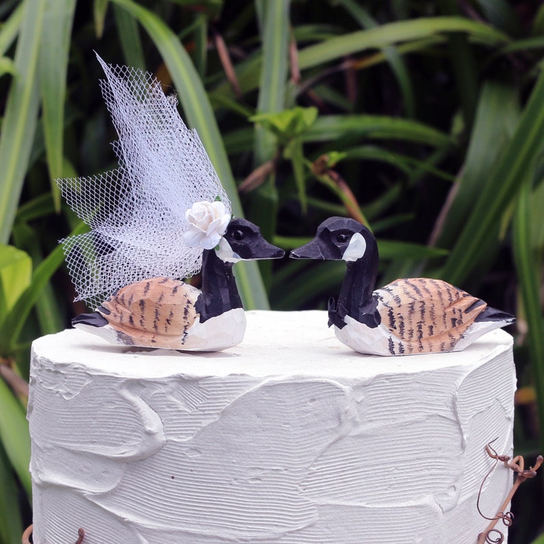 New Canada Goose Wedding Cake Topper: Handcarved Wooden Bride and Groom Love Bird Cake Topper Customization, Personalization image 1